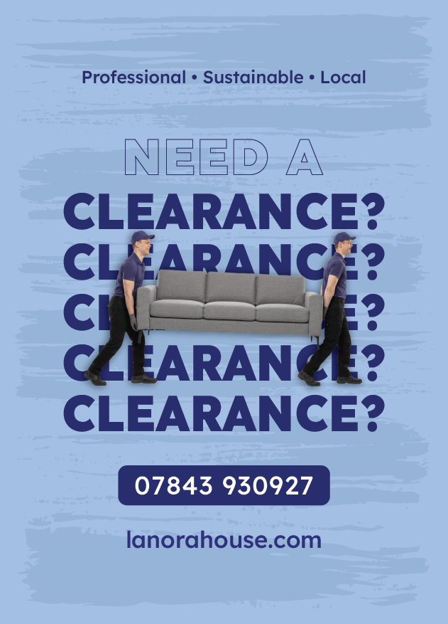 Clearance poster: the word Clearance repeated behind two men carrying a sofa
